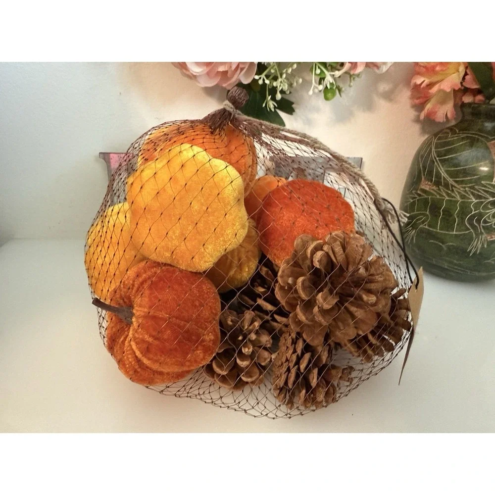 Fall 16 Pcs Velvet Pumpkin and Pinecones Net Bag Decoration Set Assort Sizes New